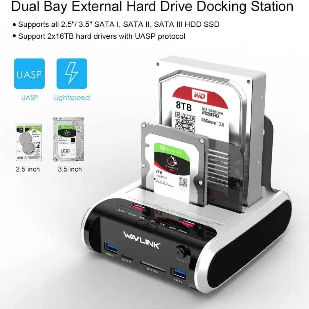 USB 3.0 Dual Bay SATA Docking Station - Offline Clone, UASP, 2 USB Ports, 2 Charging Ports, SD and Micro SD Card Reader - East Texas Electronics LLC.